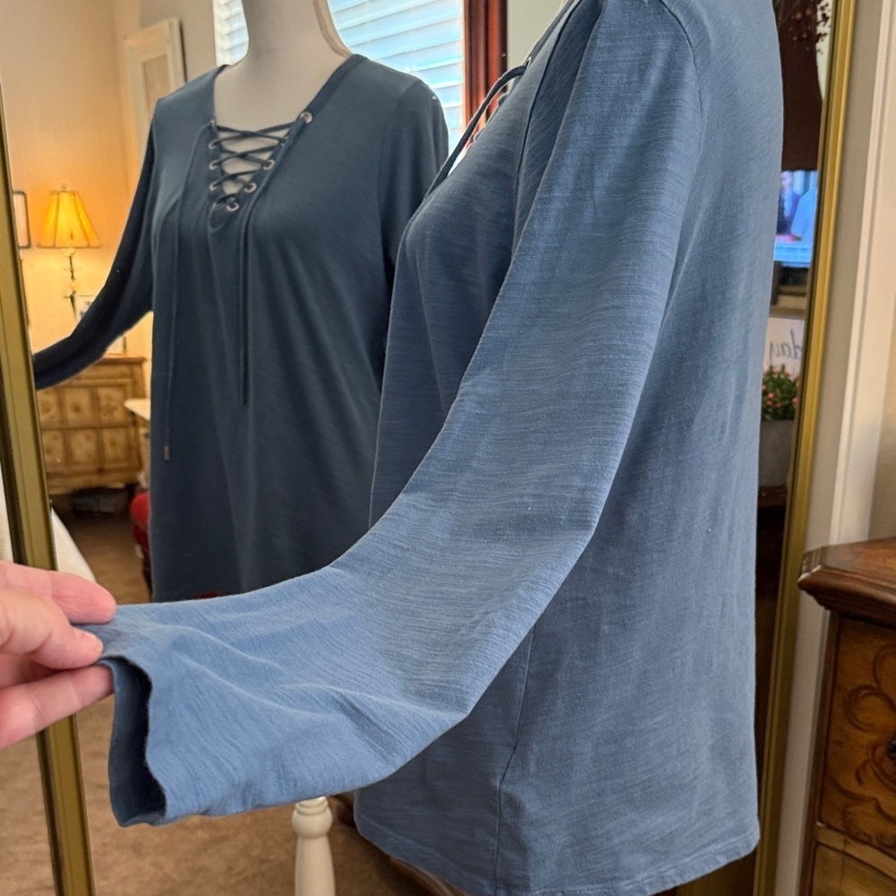 Lauren Ralph Lauren Steel Blue Lace-Up Cotton Top - Picture 6 of 11